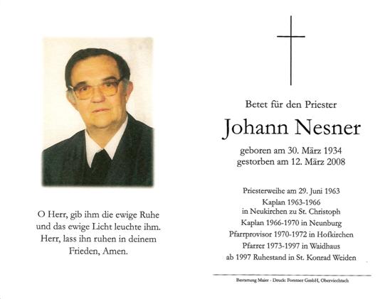 Sterbebild Pfarrer Johann Nesner